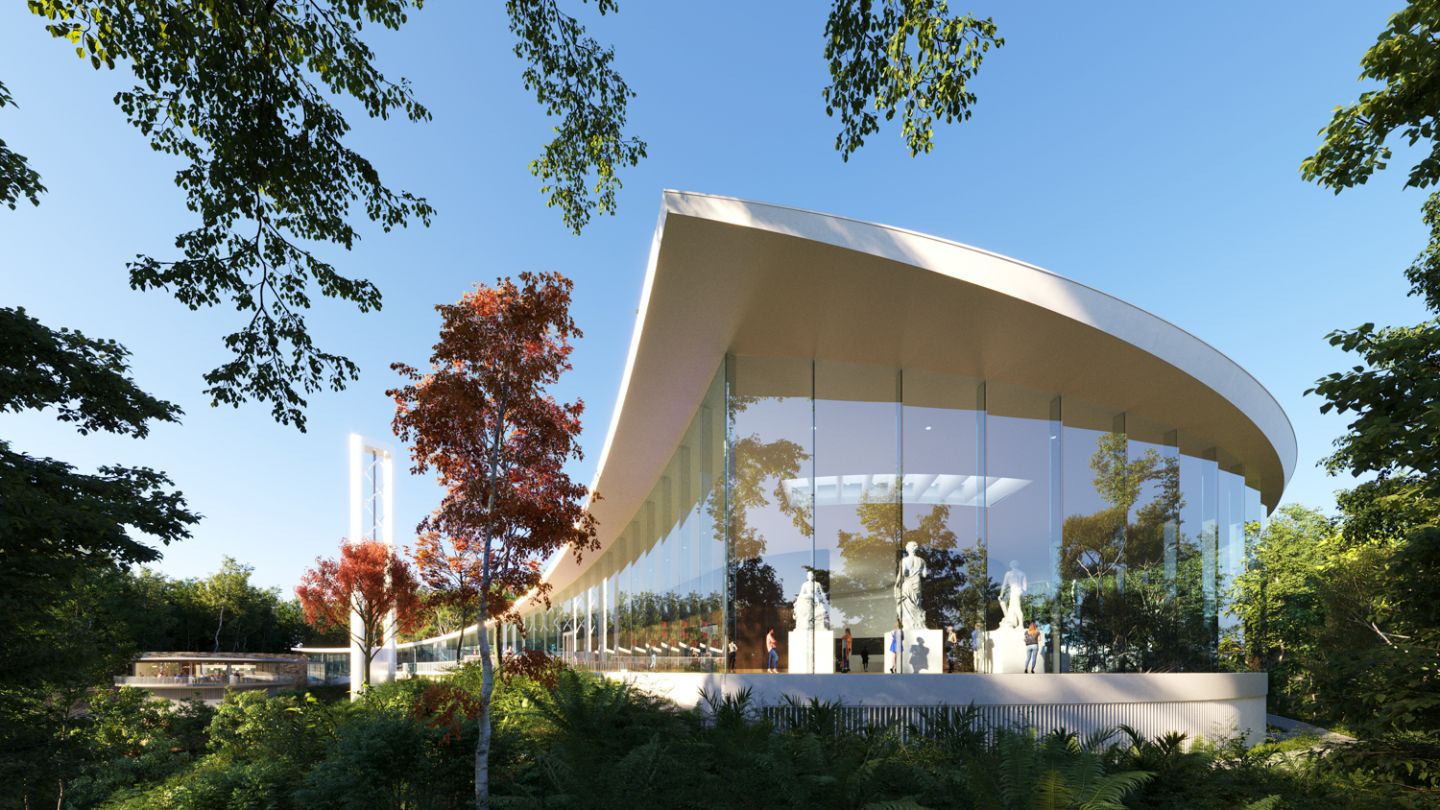 Exterior glass pavilion at Lola Mora Cultural Center